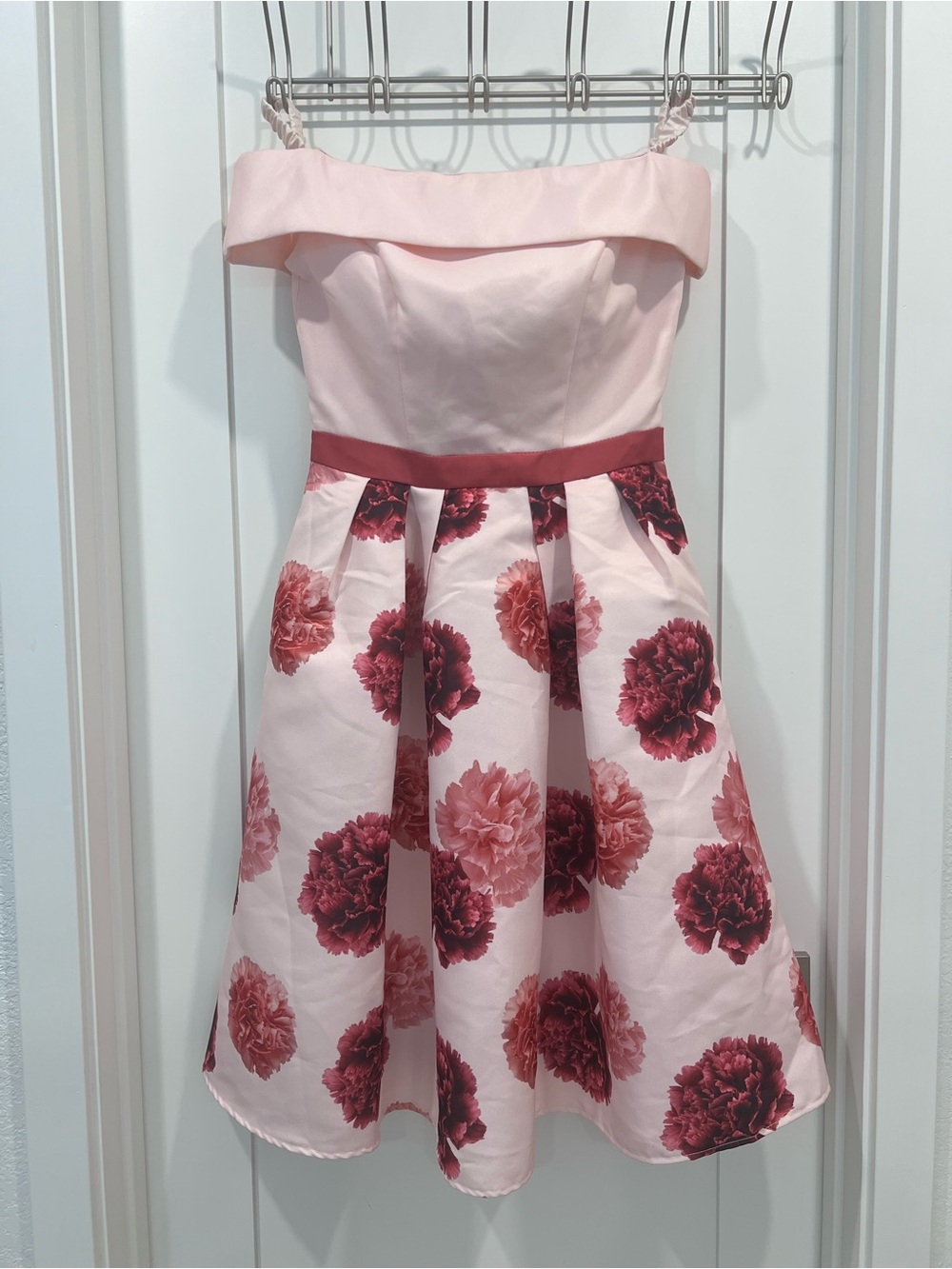 Pink Floral Fit-and-Flare off the shoulder Dress